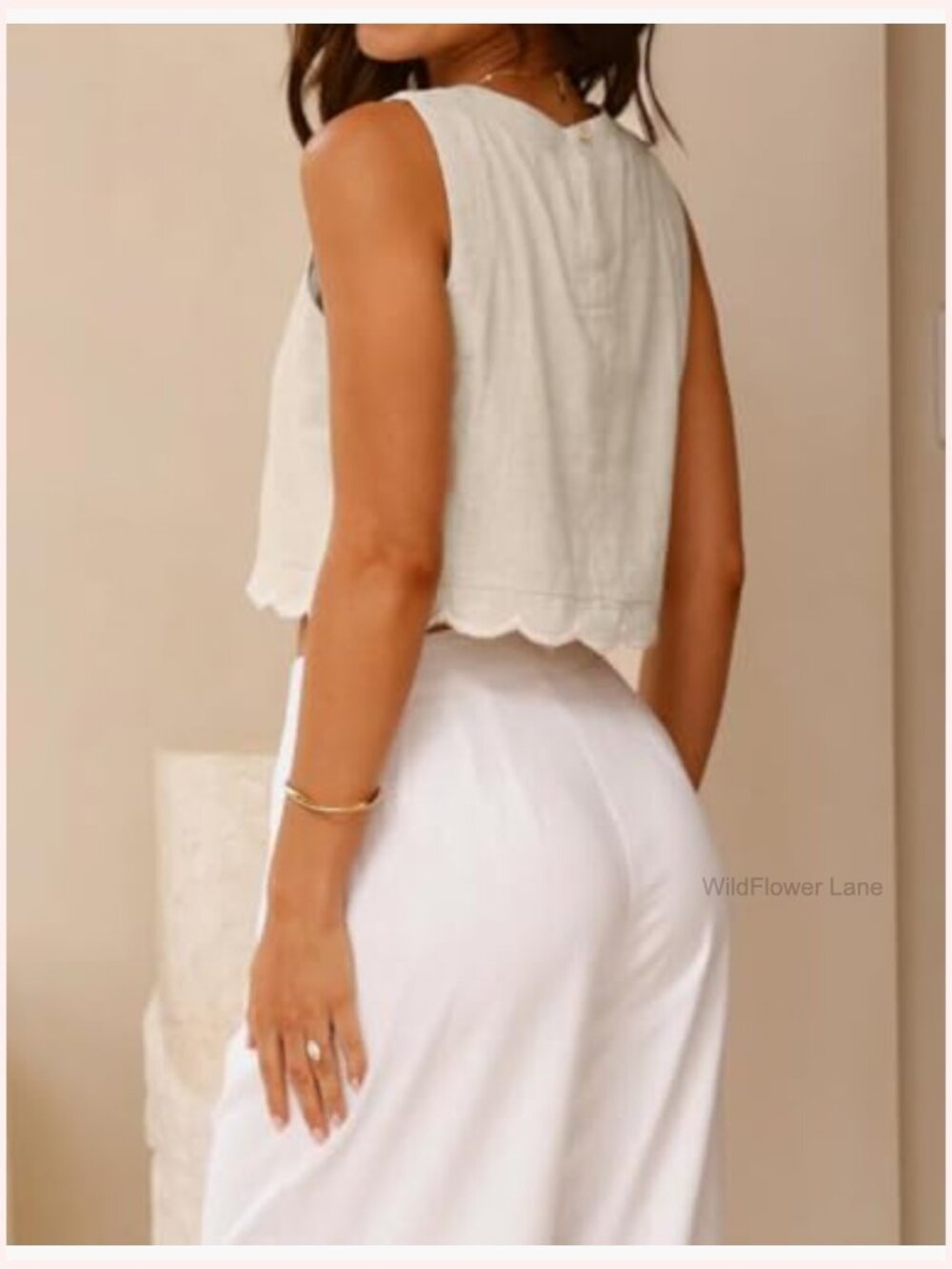 High Neck Linen Cropped Tank Top Scallop Hem Sleeveless Blouse - Picture 4 of 6